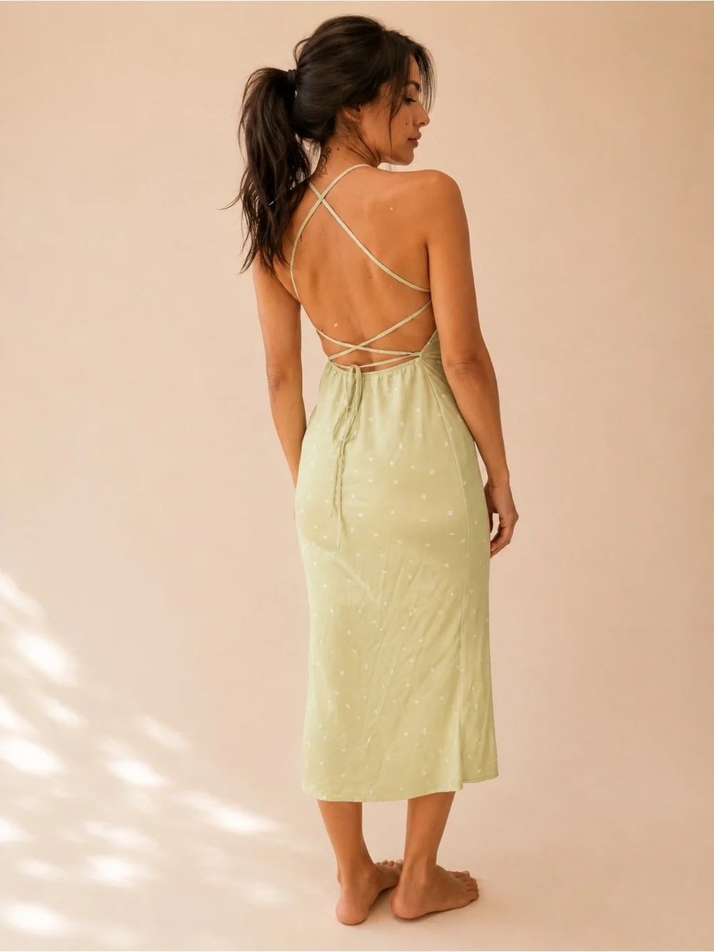 Princess Polly On Cloud Nine Open Back Dress in Sage Green w/ White Polka Dots - Picture 2 of 13